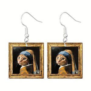#03 Cat with a pearl earring earrings funny artwork eclectic animal lover